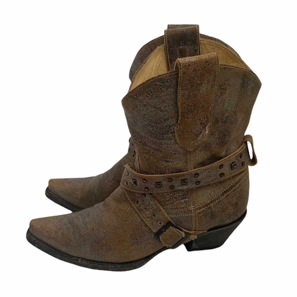 Corral Western Mid Calf Boots Tan Brown Metallic Studded Harness Size 8 M R2555